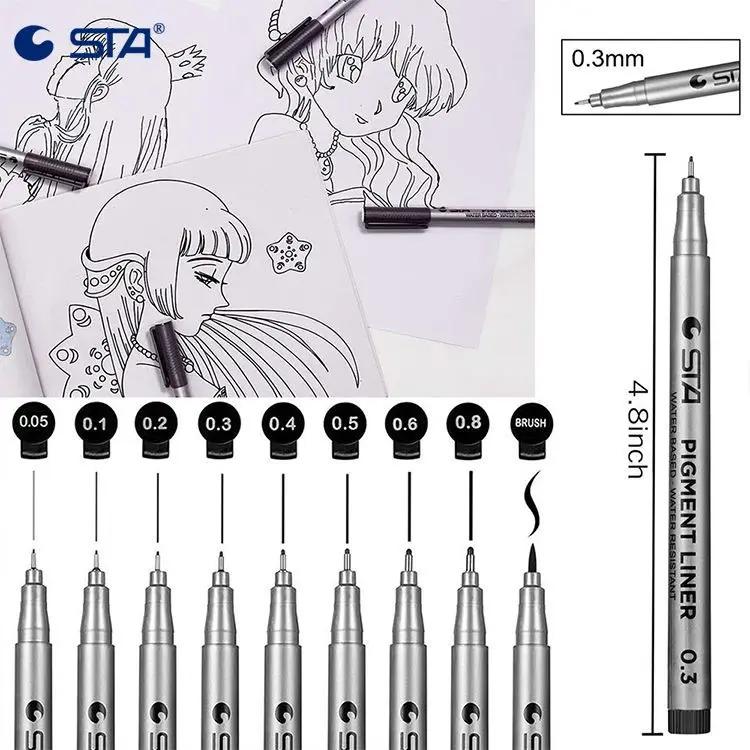 안료 라이너 잉크 마커 펜, 0.05 0.1 0.2 0.3 0.4 0.5 0.6 0.8mm 브러시, 다른 팁 블랙 미세 라이너 스케치 펜, 미술 용품